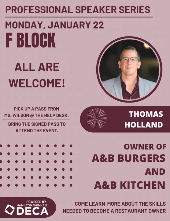 Professional Speaker Series flyer for Thomas Holland, owner of A&B Burgers and A&B Kitchen