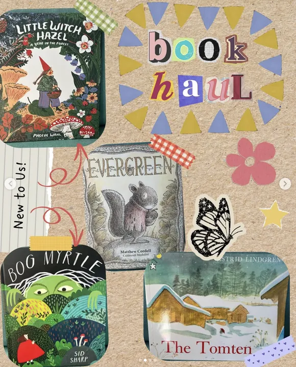 “Book haul” collage post of children’s picture book covers, decorated with stickers.