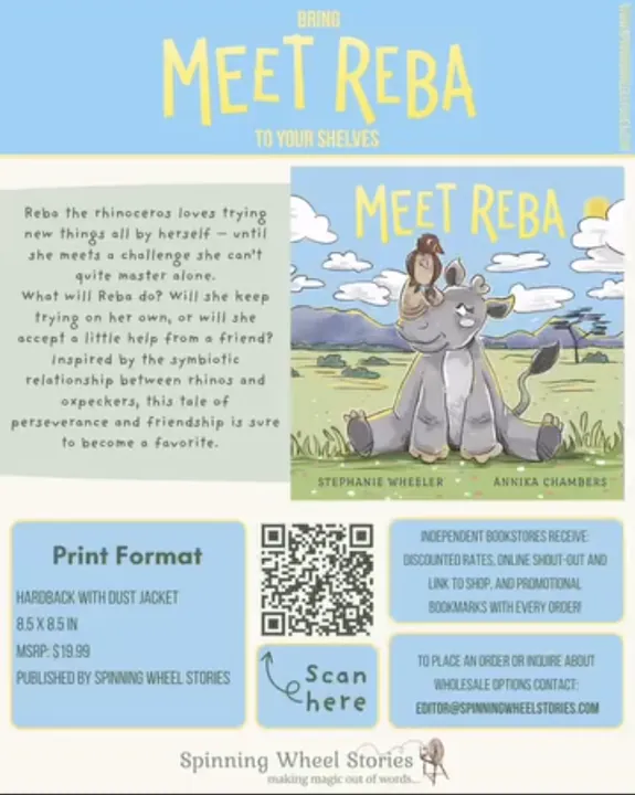 Flyer for bookstores introducing the picture book Meet Reba, with print format details and a QR code.