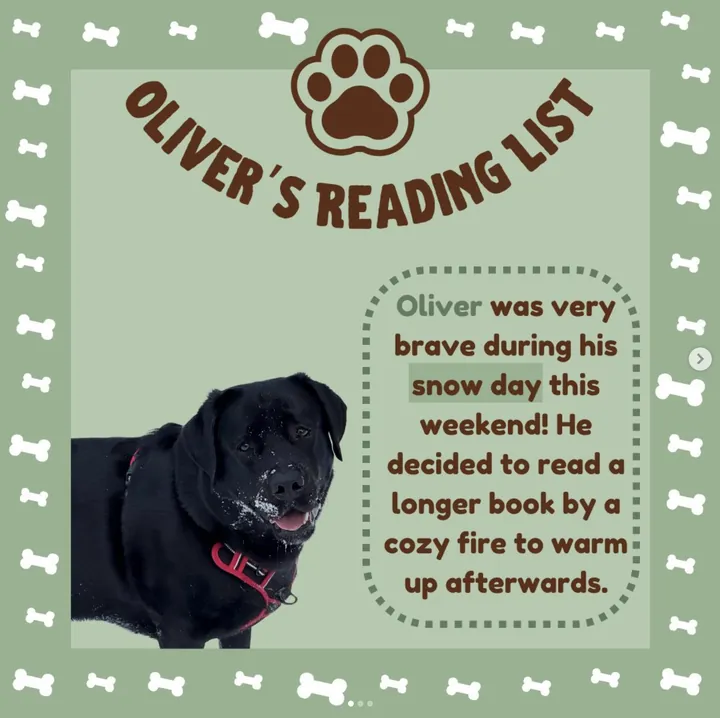 “Oliver’s Reading List” post with a photo of a black dog and a note about reading a longer book on a snow day.