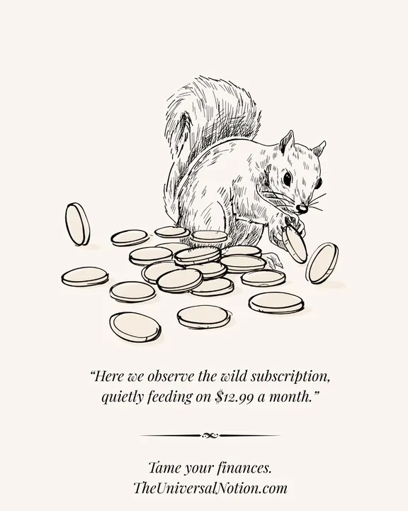Post with a sketched squirrel among coins: “Here we observe the wild subscription, quietly feeding on $12.99 a month.”