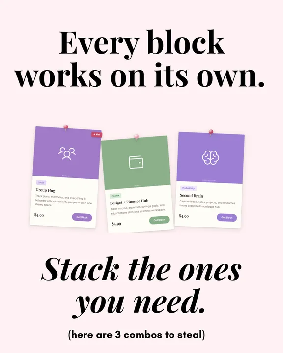 Carousel slide 2: “Every block works on its own. Stack the ones you need.”
