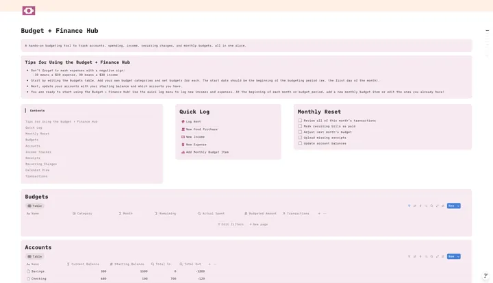 Screenshot of the Budget + Finance Hub Notion template.