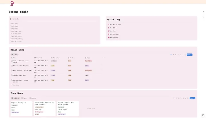 Screenshot of the Second Brain Notion template.